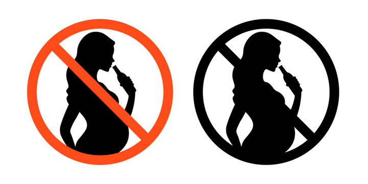 Pregnant woman icon with alcohol warning symbol highlights pregnancy danger and health caution. Vector silhouette shows mother with glass, baby label, and red restriction sign.
