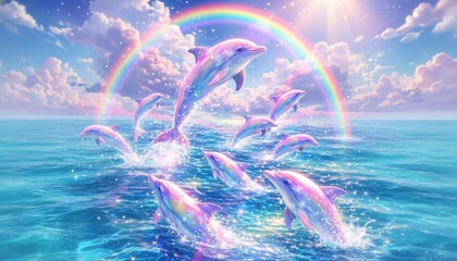 A group of dolphins jumping out of the ocean under a vibrant rainbow in a sunny sky with fluffy clouds © mahamad