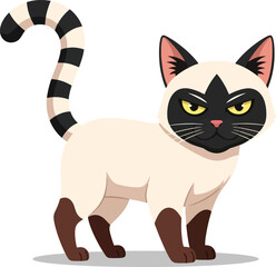 Grumpy Siamese cat vector illustration, angry feline character with striped lemur tail, funny pet mascot with dark face mask and yellow eyes © Hiền