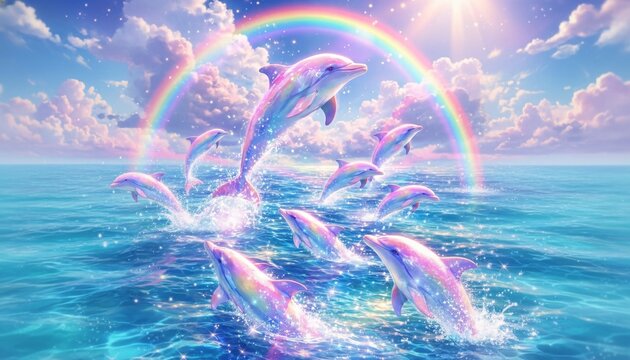 A group of dolphins jumping out of the ocean under a vibrant rainbow in a sunny sky with fluffy clouds