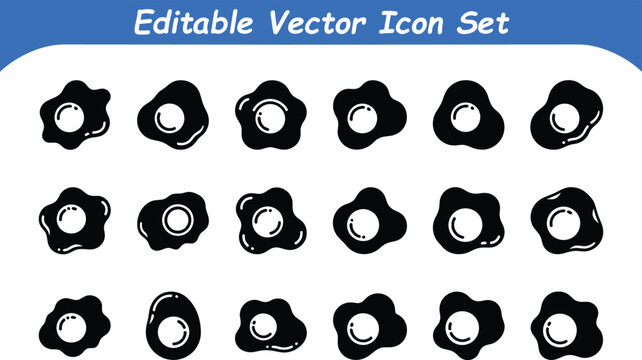 Collection of black fried egg icons with editable breakfast silhouette