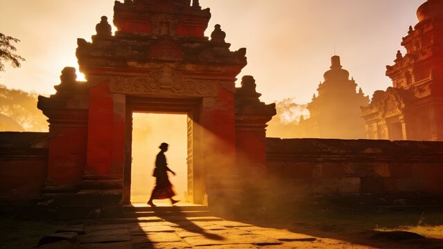 Balinese Temple Gateway Candi Bentar at Dawn with Blurred Figure in Traditional Sarong and Pink Sky