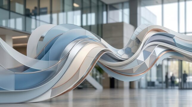 Flowing geometric shapes in calm abstract design, smooth modern background with layered form and balanced composition for corporate or tech visuals, polished realistic finish, no logos