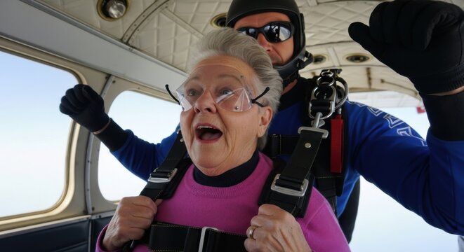 Elderly Woman Experiences Thrill of Skydiving with Instructor