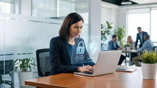A businessperson working on a laptop with padlock, shield, and firewall icons floating above, secure encrypted network access in a professional office setting, ultra-realistic, no logos.