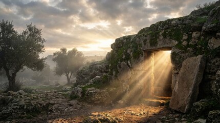 Fototapeta premium An open stone tomb with divine beams of light pouring out at Easter dawn, dramatic resurrection scene with sacred atmosphere and radiant hope, ultra-realistic, no logos.