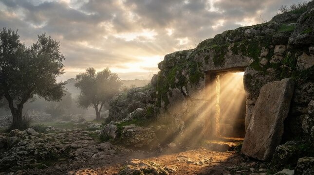 An open stone tomb with divine beams of light pouring out at Easter dawn, dramatic resurrection scene with sacred atmosphere and radiant hope, ultra-realistic, no logos.