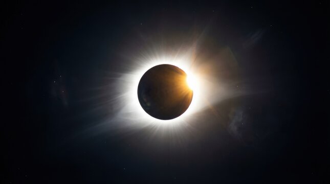 Glowing solar eclipse with radiant corona, dramatic celestial event, astronomy concept, dark cosmic background, powerful light halo, crisp realistic space detail, no logos