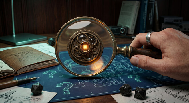 A hand holds a vintage magnifying glass to examine a mysterious blueprint or schematic on a wooden desk