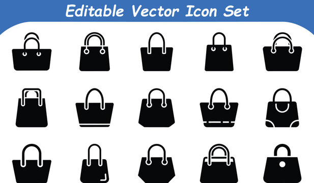 Set of 15 black silhouette shopping bags and totes icons, vector illustration