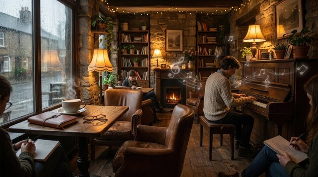 A cozy coffee shop interior with a piano, drifting music notes, warm lighting, and a cup of coffee by a rainy window, intimate creative atmosphere with soft reflections, ultra-realistic, no logos.