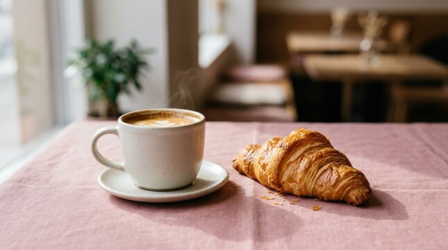 Hot coffee cup beside fresh croissant on pink background, breakfast and caf&eacute; concept, minimal food styling, soft shadows, clean commercial composition, realistic detail, no logos