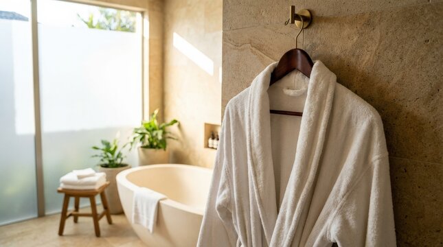 Soft white terry bathrobe hanging on a wooden hanger in a luxurious spa bathroom, wellness and relaxation concept, clean elegant interior, warm natural light, realistic detail, no logos