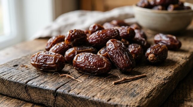 Close-up of fresh dates on a wooden surface, natural dried fruit with rich brown texture and simple rustic presentation, realistic food detail, no logos