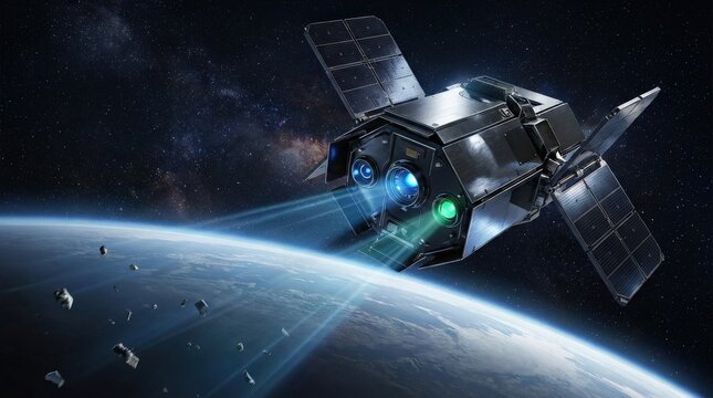A futuristic AI satellite scanning Earth from orbit with beams of light and advanced sensors, space debris monitoring and sleek cosmic technology atmosphere, ultra-realistic, no logos.