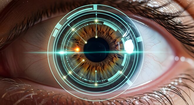 Close Up of Human Eye with Futuristic Glowing Blue Digital HUD and Iris Scan