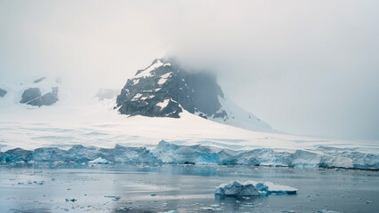 Majestic snow-capped mountain peak rising from a frozen Antarctic sea with icebergs floating in misty, cold blue water © HABI ANGGARA PUTRA