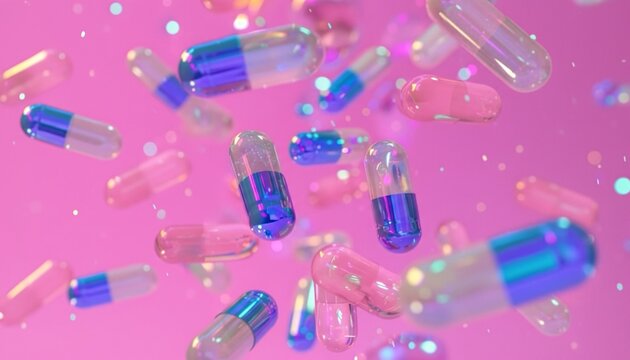 A colorful array of capsules and pills scattered on a pink background with sparkling particles