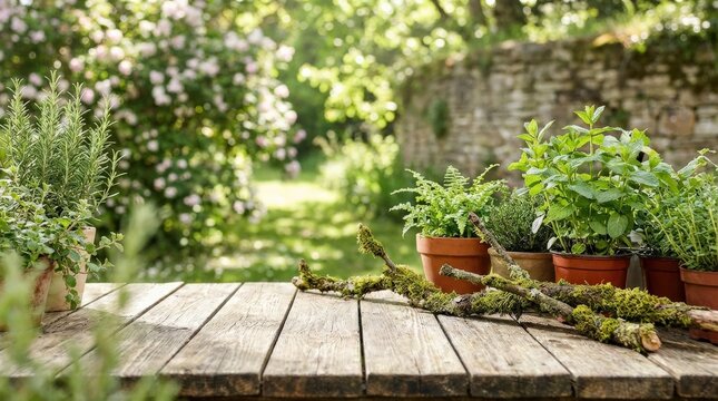 Wooden tabletop with green foliage and blurred garden background, natural product display surface for spring or eco branding, serene outdoor setting, soft daylight, realistic detail, no logos