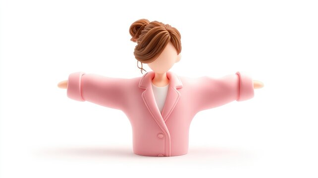 Charming 3D Faceless Woman in Pink Jacket with Arms Open Wide on White Background