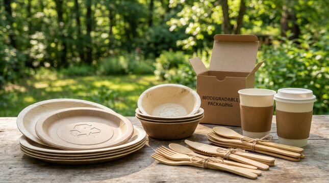 Eco-friendly disposable tableware with cups, plates and utensils featuring recycling symbol, sustainable lifestyle, biodegradable packaging, green nature background, waste reduction concept, clean