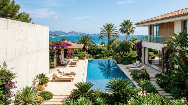 Tropical garden and swimming pool in modern luxury vacation house, Mediterranean villa architecture with empty concrete wall and patio space, bright daylight, no logos