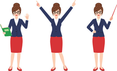 Fototapeta premium Female Teacher Character Set with Different Poses Holding Book and Pointer for Education Illustration School Presentation and Classroom Design Projects.