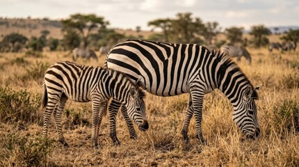 Obraz premium Young zebra grazes on dry grass near mother in a natural setting, gentle wildlife family scene with young zebra near its mother, dry grass habitat and natural behavior, high detail, balanced
