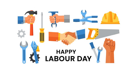 Fototapeta premium Happy Labour Day Celebration with Construction Tools and Handshake Illustration