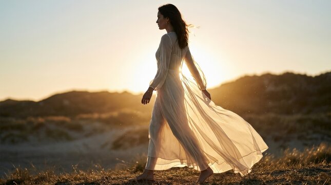 Woman in a transparent flowing dress with sun behind her, artistic fashion portrait, glowing backlight and graceful silhouette, airy atmosphere, realistic detail, no logos
