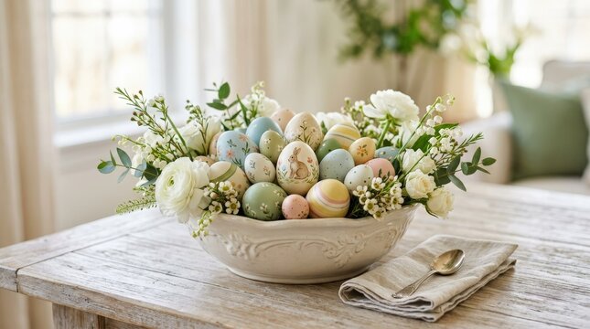 Decorative bowl with Easter eggs and white flowers, spring holiday concept, elegant festive arrangement, clean soft background, realistic detail, no logos