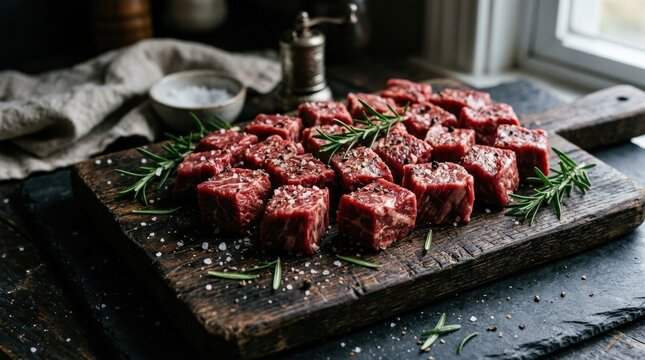 Raw beef cubes with rosemary, salt and pepper on a dark board, fresh meat preparation with rich texture and rustic seasoning detail, moody culinary styling, realistic food photography, no logos