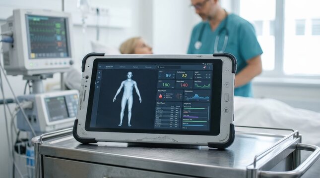 Medical technology tablet displaying body scan and health data, modern healthcare diagnostics and digital monitoring concept, clinical setting, realistic detail, no logos