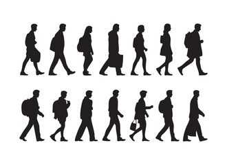 Obraz premium Walking people silhouette set with men and women carrying bags going to school or work locations.