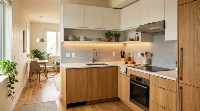 Modern small kitchen interior design, compact contemporary home space with clean cabinetry and practical layout, warm light, no logos
