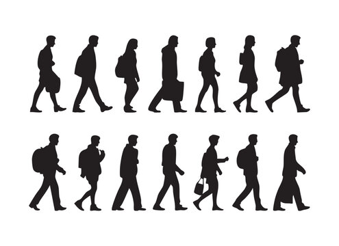 Walking people silhouette set with men and women carrying bags going to school or work locations.
