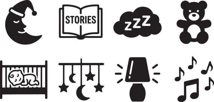Baby bedtime icons sleeping moon stories book cloud teddy bear crib mobile lamp.