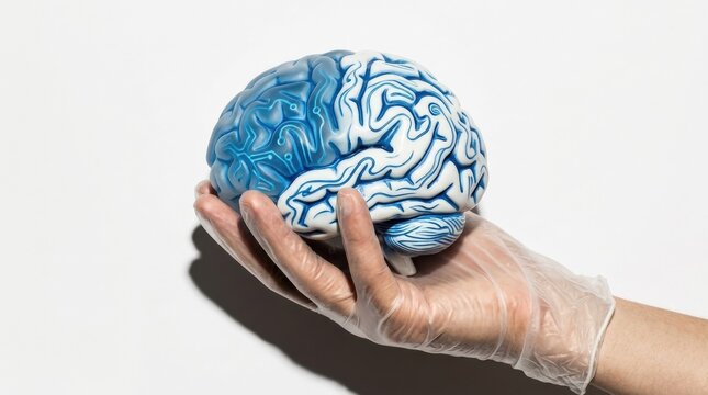 Transparent glove lifting a stylized brain with dynamic blue patterns and strong shadow play, conceptual editorial scene blending biology and avant-garde design, white background, no logos