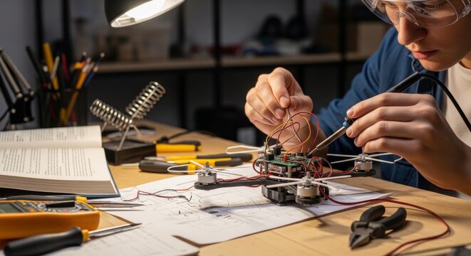 Student meticulously wiring a small drone on a desk