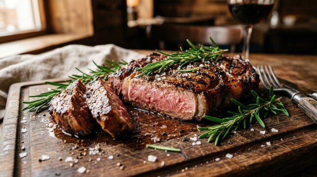 Delicious grilled steak garnished with fresh rosemary and salt, premium beef dish with rich char and juicy texture, rustic serving style, appetizing close up, no logos