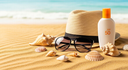 Summer beach essentials, sun protection, seashells, sunglasses, straw hat