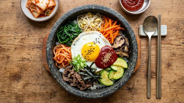 Vibrant bibimbap dish with assorted vegetables and a fried egg on top, colorful Korean rice bowl with balanced ingredients and appetizing presentation, overhead angle, realistic food photography, no