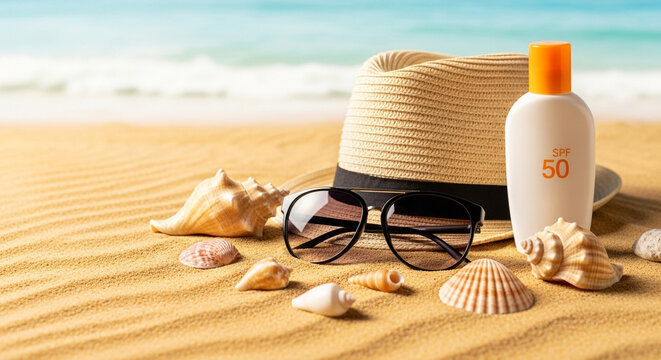 Summer beach essentials, sun protection, seashells, sunglasses, straw hat