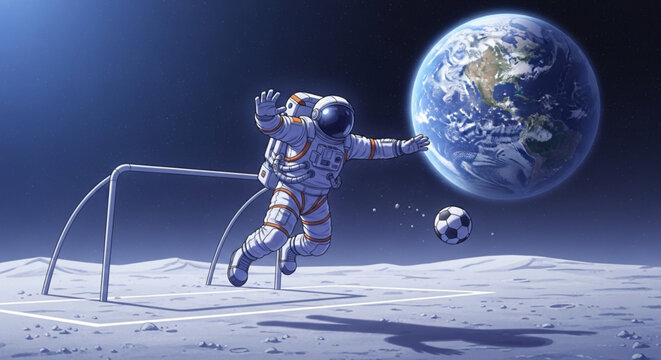 An astronaut acting as a goalkeeper on a field on the Moon, defending a ball in low gravity, detailed cartoon style, soft colors in shades of blue and lilac, cinematic lighting.