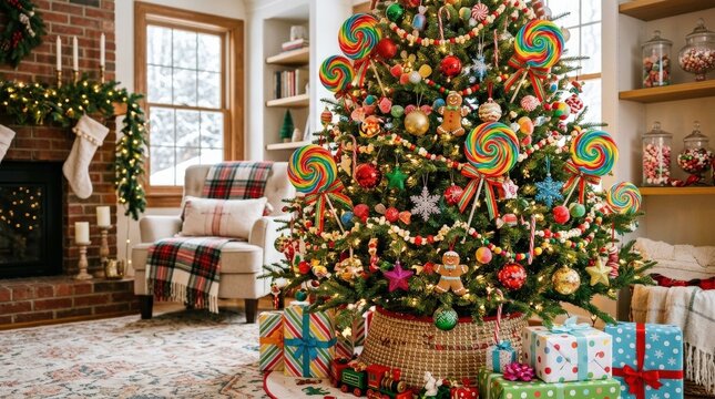 Whimsical Christmas tree decorated with candy lollipops and ornaments, playful holiday scene with colorful sweets and festive charm, bright cheerful light, no logos