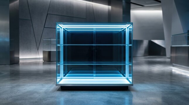 Modern empty display case illuminated by cool blue lights, sleek product showcase concept, clean futuristic retail scene, minimal composition, no logos