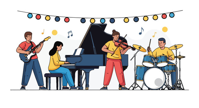 Illustration of a band performing with a guitarist, pianist, violinist, and drummer under colorful lanterns with music notes floating around.