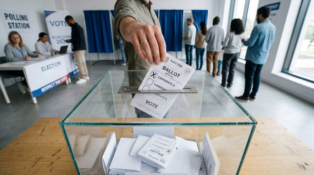 Voters cast their ballots in a polling station during an election taking place in a community center in the early hours of the day