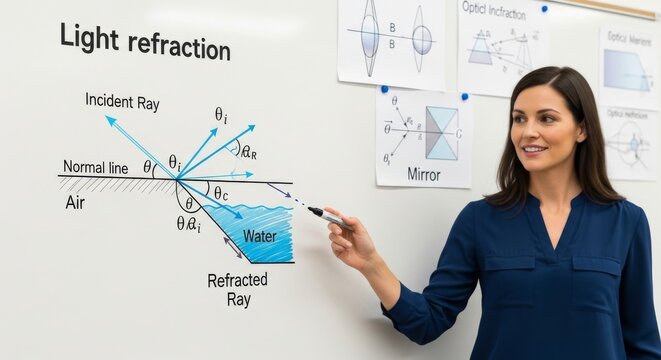 Teacher Illustrating Refraction Concept on Whiteboard