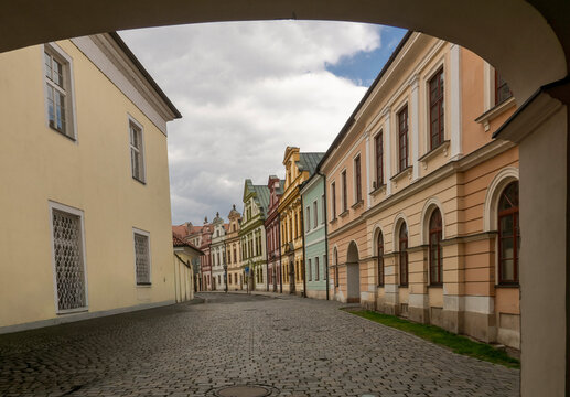 Colorful tenement houses on one of the streets in Hradec Kr&aacute;lov&eacute;.